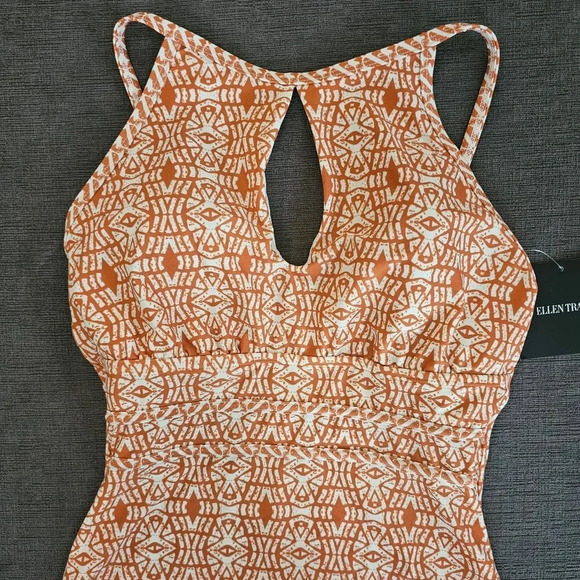 Ellen Tracy Orange Print key hole High Neck Over-The-Shoulder One Piece Swimsuit - Picture 14 of 15